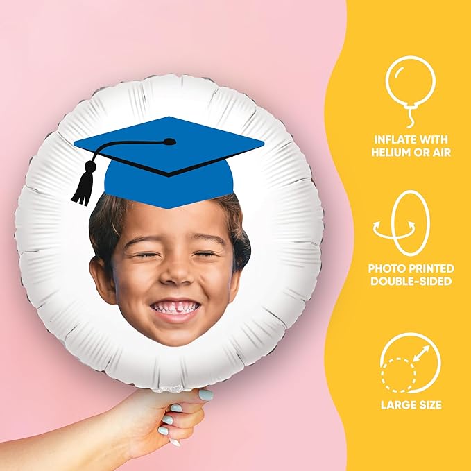 Big Dot of Happiness Personalized Blue Grad Cap Fun Face Photo Balloon, Elementary High School College Custom Graduation Party Decorations, Double-Sided Round Circle Mylar, 1 Piece