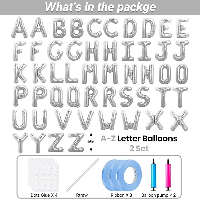 LIOZEOKUN Letter Balloons 16 Inch Alphabet A-Z Mylar Foil Balloons 2 Set for Wedding Birthday Party Decoration Banner Custom Phrase 52 Pcs