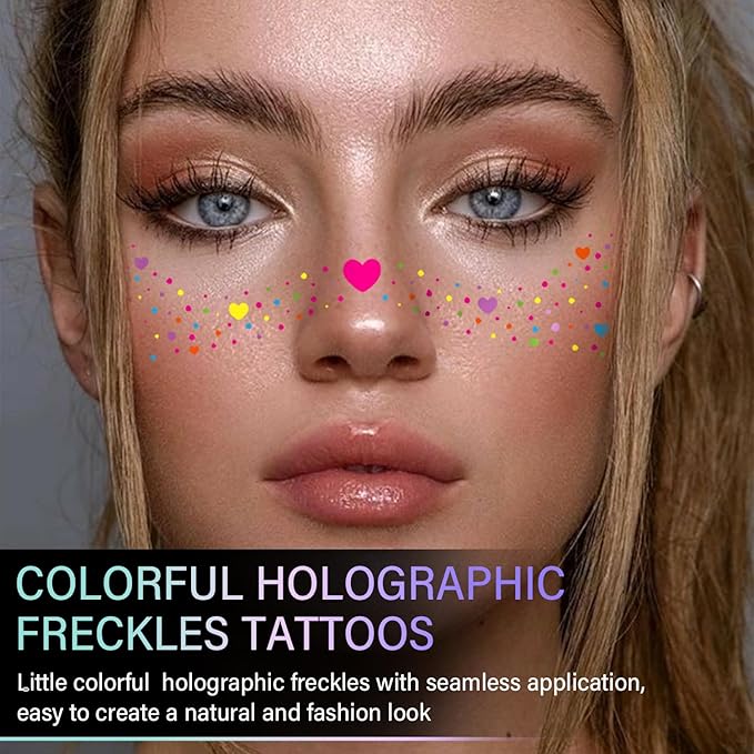 10 Pcs Colorful Glitter Freckles Face Tattoos, Multichrome Rainbow Glitter Freckles Face Tattoos, Waterproof and Long-lasting Face Temporary Tattoos for Women