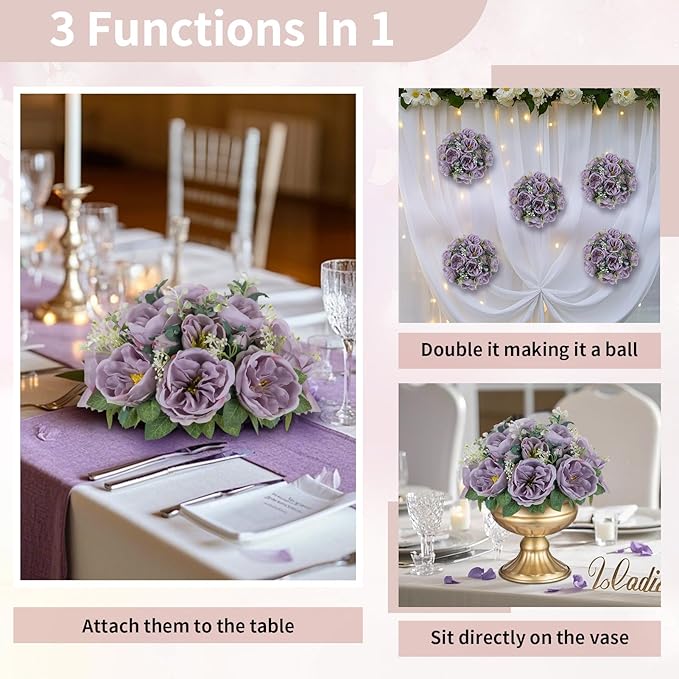 NUPTIO Artificial Flowers Ball Centerpieces: 2 Pcs 9.8 Inch Diameter Fake Kissing Rose Floral Balls for Wedding Party Bridal Shower Valentine Home - Purple Bouquet Arrangement Decorations for Table