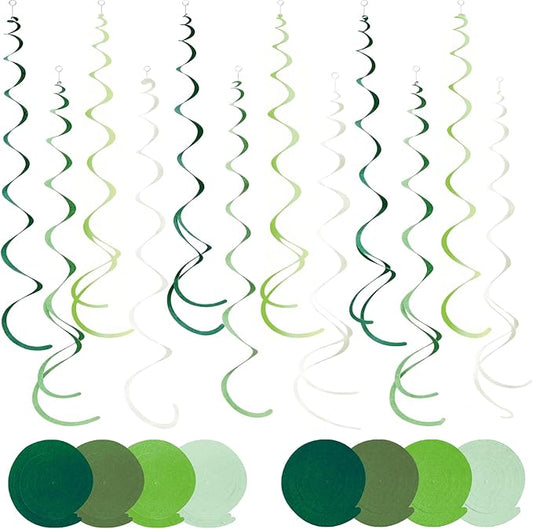 48 Pcs Green Hanging Swirl Party Decorations Olive Green Felt Ceiling Spiral Streamers with Hooks for Birthday Wedding Baby Shower Graduation Christmas St Patrick's Day Holiday Party Supplies