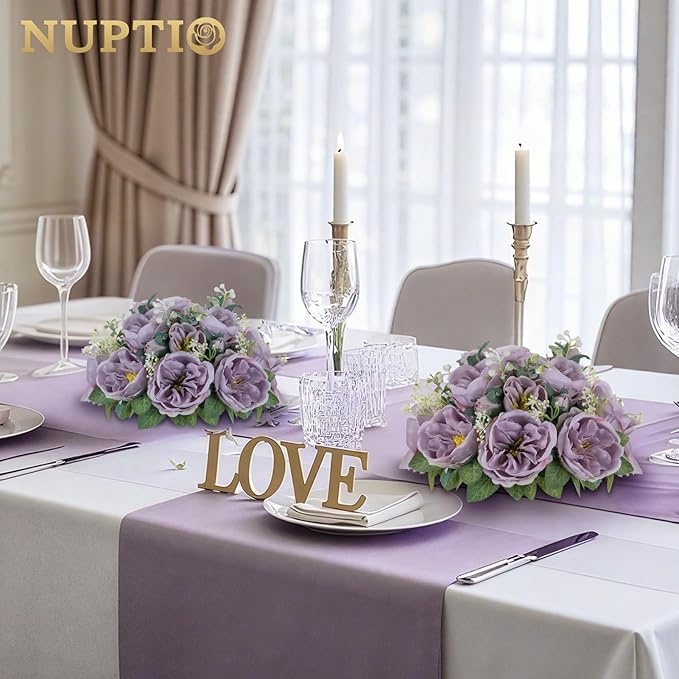 NUPTIO Artificial Flowers Ball Centerpieces: 2 Pcs 9.8 Inch Diameter Fake Kissing Rose Floral Balls for Wedding Party Bridal Shower Valentine Home - Purple Bouquet Arrangement Decorations for Table