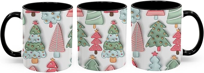 Christmas Trees Xmas 3D Inflated Mugs, Color Accent Coffee Cups, 11oz 15oz, Seasonal Gifts