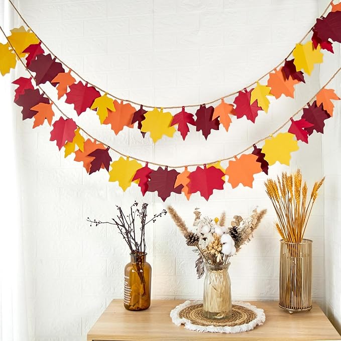 Fall Maple Leaves Garland Fall Decorations for Home Autumn Leaves HangingMaple Leaf Banner Orange Yellow Leaf Decor for Fall Harvest Thanksgiving Party Home Fireplace Wall Decor-2Pcs