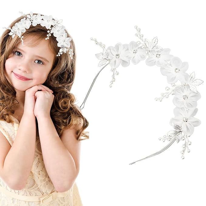 1PCS Tulle Flower Headband, Flower Girl Headpiece, Bridal Pearl Headband Women Pearl Flowers Crowns for Wedding and Birthday(White)