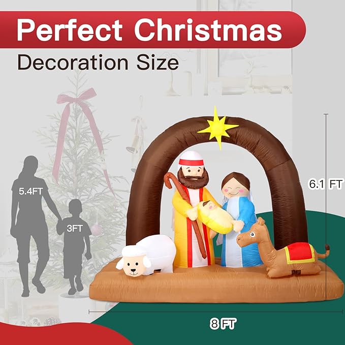 8FT Christmas Inflatables Nativity Scene Decorations Outdoor，Blow Up Nativity Scene with Built-in LEDs Lights for Indoor Holiday Party Yard Garden Lawn Décor