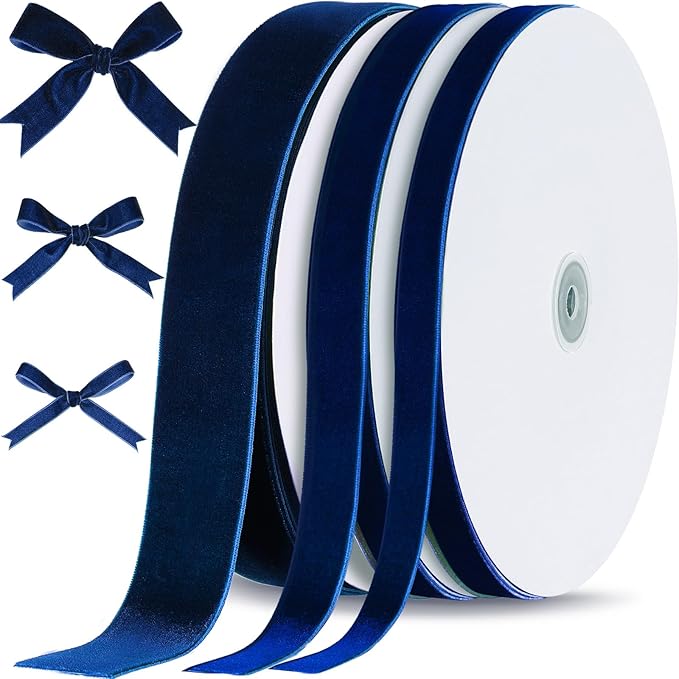 Yilloog 3/8'' 5/8'' 1'' 90 Yards Christmas Velvet Ribbon Vintage Satin Fabric Velvet Ribbon Roll for Christmas Tree Ornaments Decoration Gift Wrapping Bow DIY Crafts (Blue)