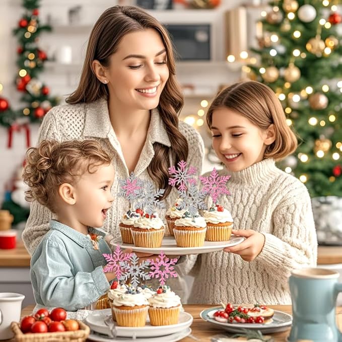 24pcs Glitter Snowflake Cupcake Toppers Double Layer Pink Silver Cake Decorations Winter Frozen Theme Cupcake Picks for Winter Wonderland Baby Shower Christmas Party Favors