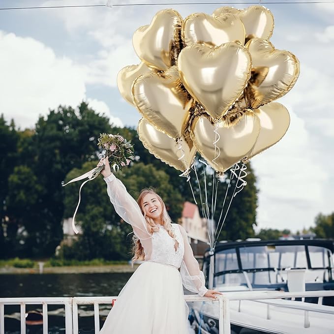 Pastel Gold Heart Balloons - 10 Pcs 18 Inch Light Yellow Foil Heart Mylar Balloons for Birthday, Wedding, Baby, Valentine's Party