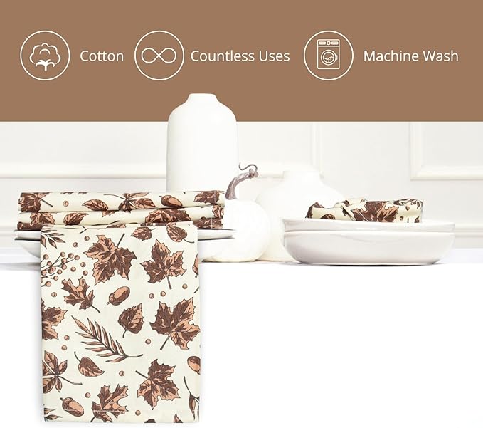 PurpleEssences Fall Harvest Thanksgiving Napkins 18x18 Inch,Set of 6-100% Cotton Autumn Leaves Print - Reusable, Washable Dinner Napkins for Home, Kitchen & Parties - Fall Dream
