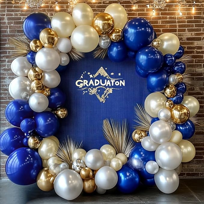Royal Blue and Gold Balloon Garland - Double Stuffed Pearl Sand White Blue Gold Balloons Arch Kit for Birthday Graduation Anniversary Bachelorette Wedding Baby Shower Party Decoration