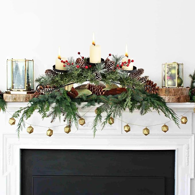 DearHouse Christmas Candle Holder Centerpiece,Pine Cones and Red Berry Table Centerpiece with 3 Candle Holders Table Accent Centerpiece for Festival Home Decoration 20"x10"x6.1"(L x W x H)