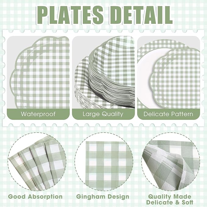 250 Pcs Sage Green Gingham Paper Plates and Napkins Party Supplies Green and White Checkered Disposable Plaid Tableware Set for Wedding Bridal Shower Farmer Market Picnic Party Decorations