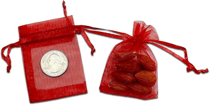 TheDisplayGuys 100-Pack XS 2" x 2 3/4" Red Sheer Organza Gift Bags with Drawstring, Jewelry Candy Treat Wedding Party Favors Mesh Pouch