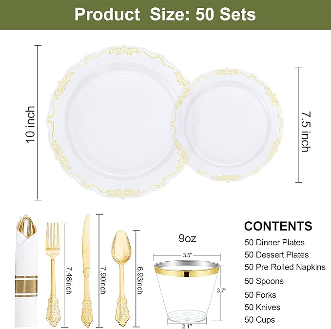 U-QE 350PCS Gold Plastic Plates - Disposable Dinnerware Set for 50 Guests - Clear and Gold Plates and Napkins Party Supplies include 100 Plate, 150 Silverware, 50 Cups, 50 Napkins for Weddings&Party