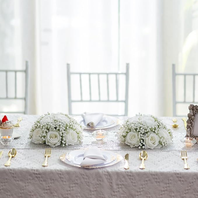 BLOSMON Babys Breath Artificial Flowers: 2 Pcs White Rose Babys Breath Fake Flower Balls Centerpieces for Wedding Table - Faux Silk Kissing Floral Arrangements for Home Party Event Decoration