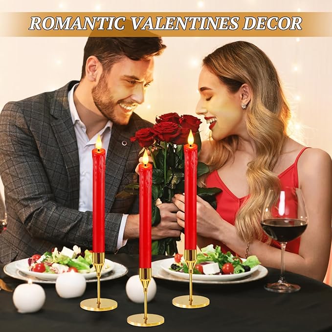 OCATO Flameless Candles with Remote Timer: 8 Pcs Battery Operated Window Candles 9.6" Real Wax LED Flickering Flameless Taper Candles 3D Wick Lights Halloween Christmas Wedding Party Decorations Red
