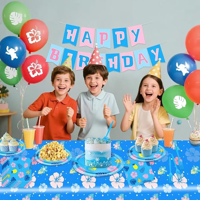 96 Pcs Hawaii Birthday Decorations Blue Hawaii Theme Party Decorations Set Serves 16 - Paper Plates and Napkins,Banners,Balloons,Tablecloths for Baby Shower,Boys Birthday Party Supplies