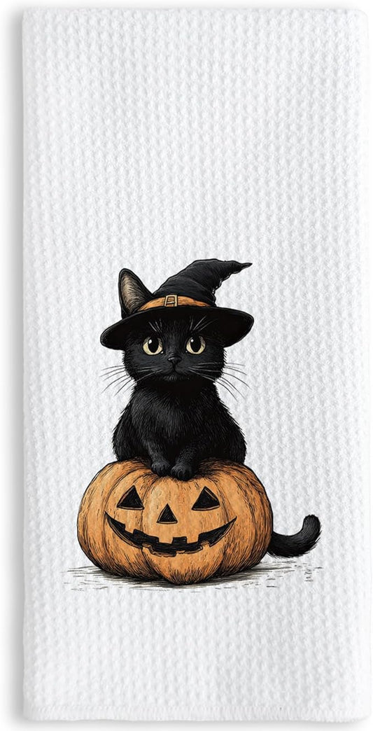 TNUW Halloween Black Cat Pumpkin Kitchen Towels 16x24 Inch, Black Cat Halloween Decor Dish Tea Towels for Kitchen, Witchy Kitty Spooky Pumpkin Decorative Hand Towel for Bathroom Decor