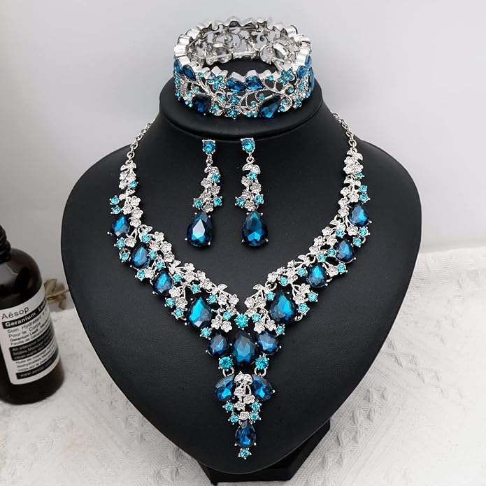 CSY Elegant Crystal Costume Jewelry Sets Flower Bridal Necklace Earrings Stretch Bangle Set for Bride Bridesmaid Wedding Dress Accessories