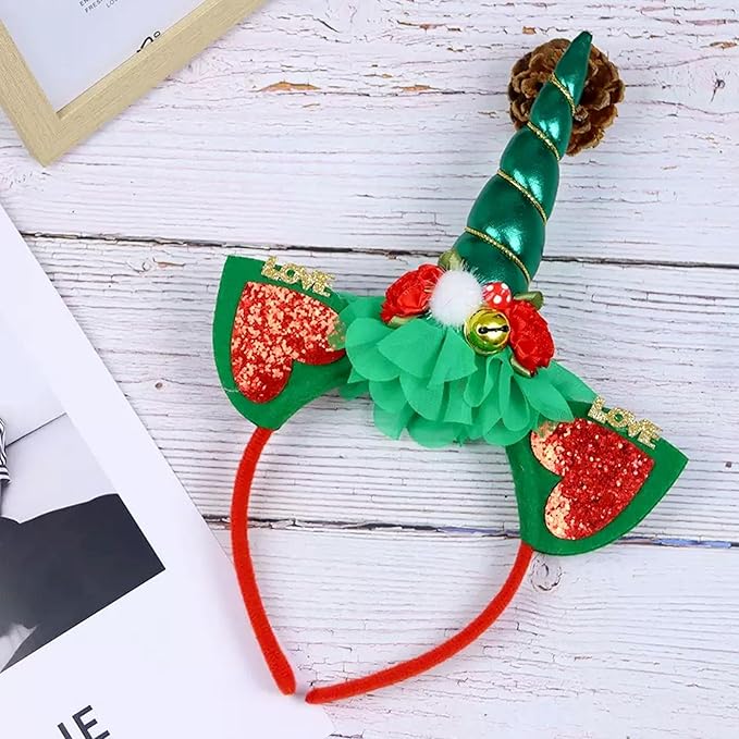 Christmas Unicorn Headband for Women - Festive Green Glitter Unicorn Ear Hairband, Cute Holiday Party Headwear for Xmas, New Year, Costume, Photo Props, Family Accessories