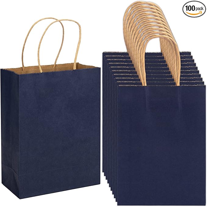 100 Pack 5.9x3.15x8.26 inch Small Gift Bags, Kraft Dark Blue Bags with Handles Bulk for Birthday Party Favors,Gift Paper Bags,Retail Shopping Business Goody Craft Gift Bags