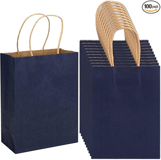 100 Pack 5.9x3.15x8.26 inch Small Gift Bags, Kraft Dark Blue Bags with Handles Bulk for Birthday Party Favors,Gift Paper Bags,Retail Shopping Business Goody Craft Gift Bags