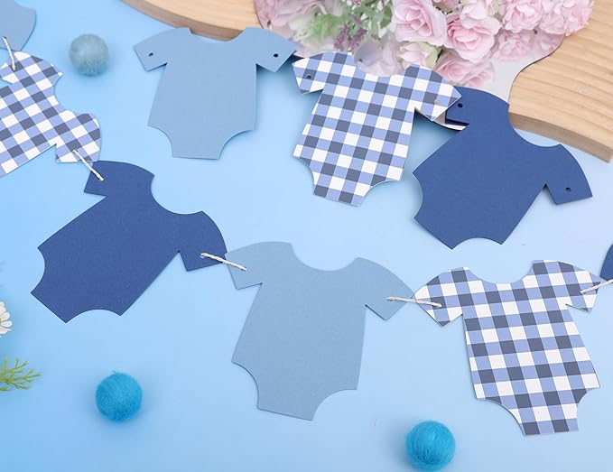 Blue Bodysuit Banner - Baby Shower Decoration Gingham Banner,Baby Bodysuit Gender Reveal Party(Navy)