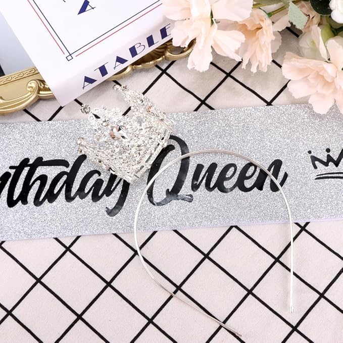 Birthday Queen Sash for Women Tiara & Crowns Headbands for Girls Happy Birthday Party Accessories Favor Supllies Leona Black Silver Pink, 2 Pack
