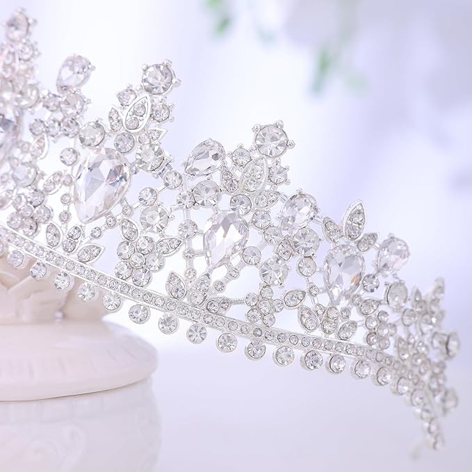 Bride Rhinestones Tiara Silver Crystal Princess Queen Crowns Headband for Women Wedding Birthday Halloween Prom Pageant Party Coming of Age Ceremony,Photo Props （HG346-Silver White）