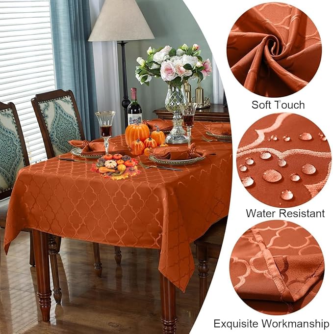 SASTYBALE Rust Jacquard Damask Tablecloth - 52x70 Inch Rectangle (Fits 4-6 Seats) - Fall Thanksgiving Decor - Water Resistant, Wrinkle-Free Polyester Fabric, Rustic Harvest Dining Cover for Parties