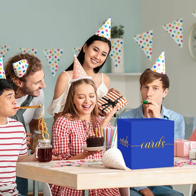 1 Pack Blue and Gold Foil Card Box for Party, 8.7" Blue Gift Card Box Money Box for Birthday, Wedding, Baby Shower, Retirement, Anniversary, Bridal Shower, Raffle Ticket