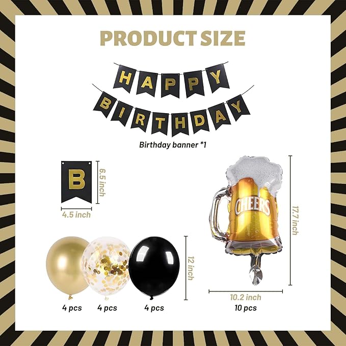 ZHENGYE Black Gold Birthday Decorations Set Happy Birthday Banner Latex Balloon Beer Balloons Beer Themed Decoration Party Supplies