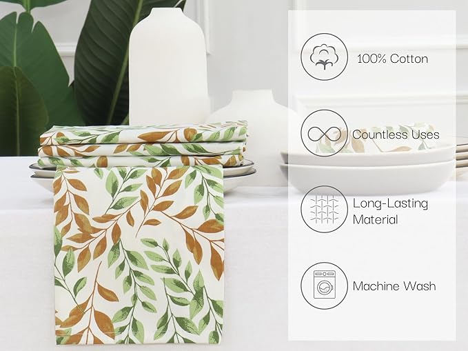 PurpleEssences Fall Harvest Decor Thanksgiving Napkins, 18x18 Fall Cloth Napkins Set of 6, 100% Cotton Autumn Fall Leaves Dinner Napkins for Farmhouse Kitchen, Sage N Autumn