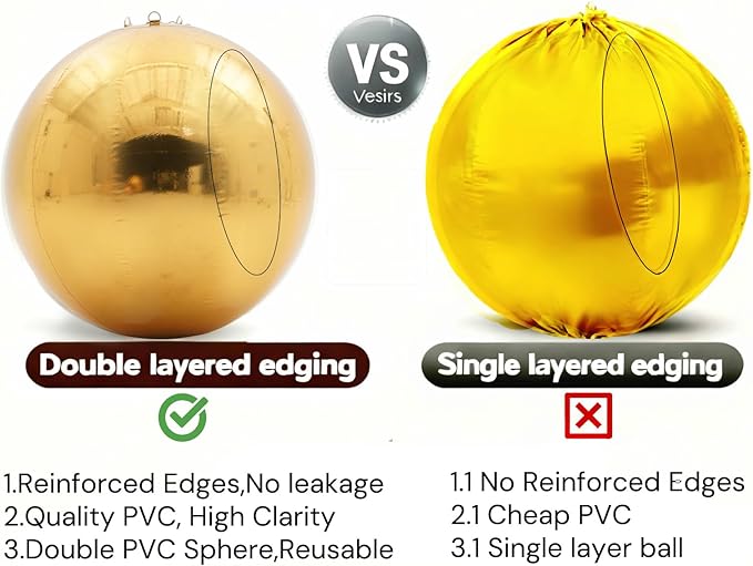 6PCS Gold Inflatable Mirror Ball,Big Shiny Balls Inflatable,Reusable PVC Mirror Balls,Large Hanging Balloon Disco Ball with Air Pump for Wedding Event Birthday Party Decor