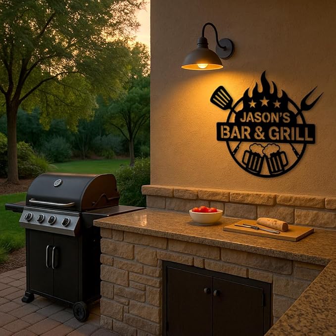 Custom Bar and Grill Metal Sign, Personalized Backyard BBQ Plaque with Beer Mugs and Fire Design, Outdoor Patio Wall Art for Home Bar or Garden, Rustic Grill Decor, Birthday, Christmas, Holiday Gift