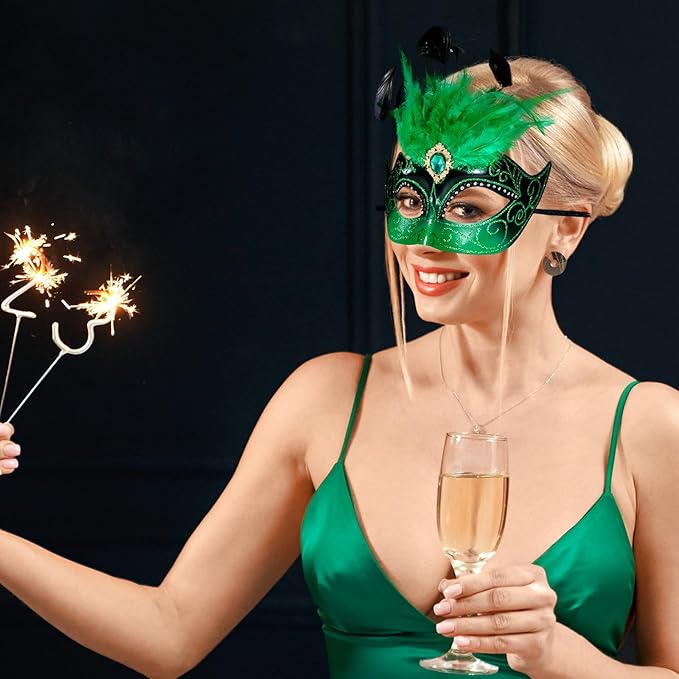 2025 Masquerade Mask for Women with Feathers - Venetian Masquerade Mask for Carnival Ball, Mardi Gras, Prom