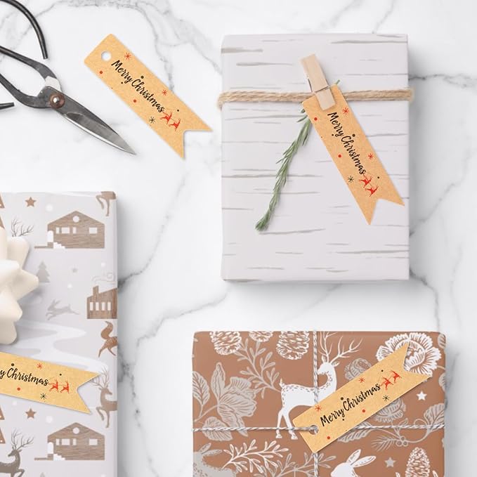 G2PLUS Small Merry Christmas Tags - 100Pcs Deer Kraft Paper Gift Tags with String for Gift Wrapping, Goodies Bags, Christmas Holiday Party Favors(2.8''x0.8'')