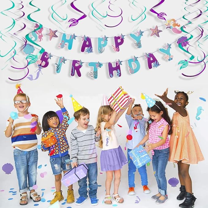 SUNBEAUTY Mermaid Happy Birthday Banner Little Mermaid Theme Birthday Decorations for Girls Ocean Theme Party Supplies for Baby Shower | Pre-Strung