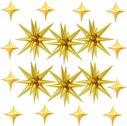 18 Pcs Gold Star Balloons, Gold Balloon with 6 Pcs 22-Inch Explosion Star Balloons 12Pcs 10-Inch Four Pointed Stars Foil Balloon for Anniversary Disco Birthday Party Decorations