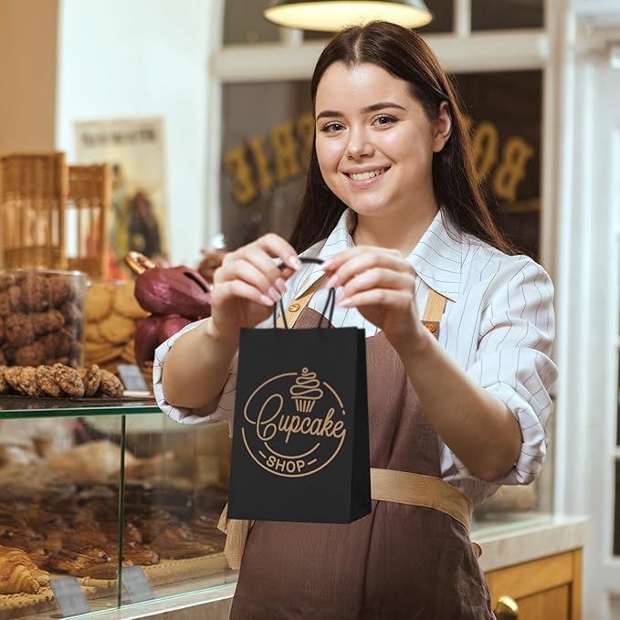 MESHA Black Gift Bags 5.25x3.75x8 Inch Small Kraft Paper Bags with Handles Bulk,100 Pack for Small Business,Wedding Party Favor