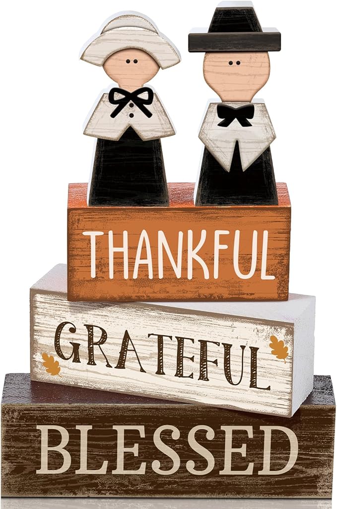 4 Pcs Thanksgiving Table Decoration Wooden Pilgrim Couple Decor Thanksgiving Tiered Tray Decor Fall Centerpiece Rustic Decorative Pilgrim Block Signs Gift Farmhouse for Home Kitchen