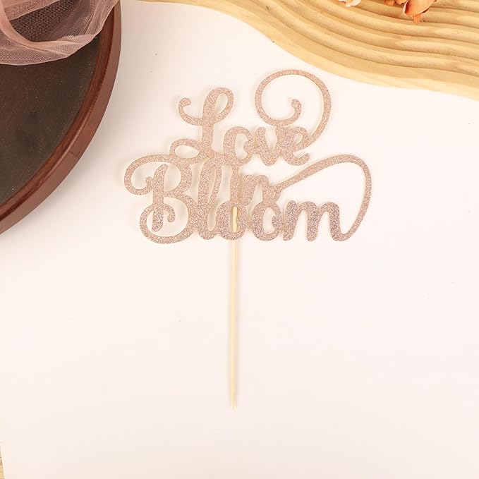 Love in Bloom Cake Topper - Glitter Rose Gold Bridal Shower Cake Decoration, Wedding & Engagement Cake Pick (Rose Gold)