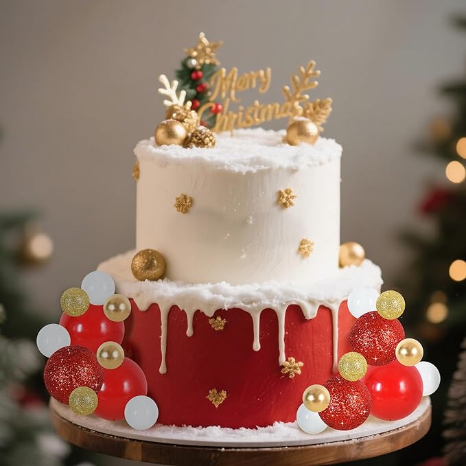 BEISHIDA 40 pcs Foam Ball Shaped Cake Toppers with Sticks Perfect for Birthday Party Baby Shower Christmas Party Decor Wedding Anniversary Chinese New Year(Red, Gold, White)