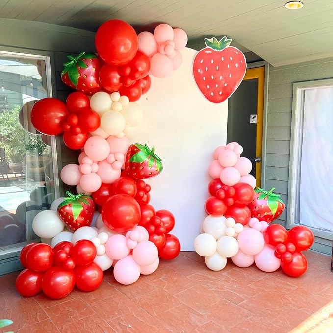 Strawberry Balloons,12 Inch Red and Pink Balloons with Strawberry Foil Balloon for Sweet One Birthday Baby Shower Strawberry Fruit Themed Party Decorations