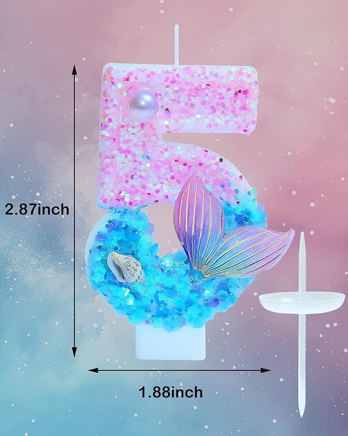 Mermaid Themed Birthday Candles, Number 5 Girls Glitter Birthday Party Supplies,Anniversary Party Decor,2.87 inch Cake Topper Decorations (Mermaid Themed, Number 5)