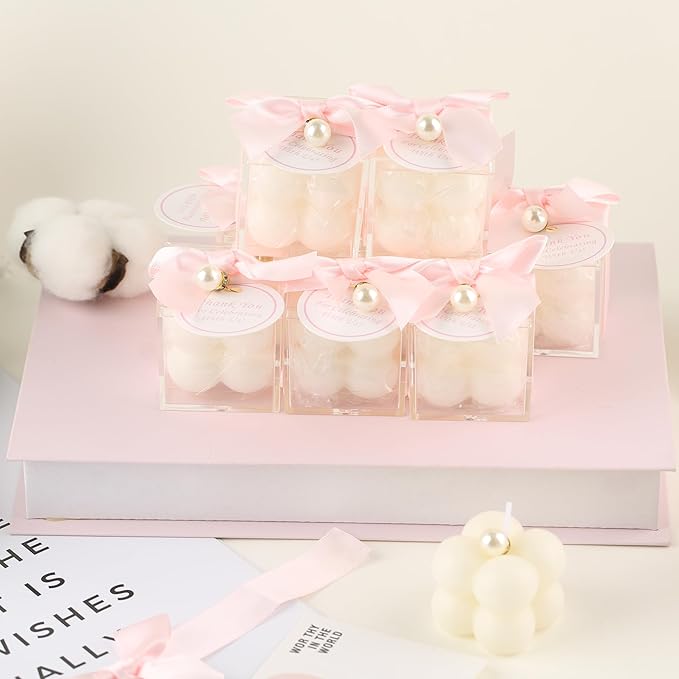20 Pcs Small Bubble Candles Elegant Party Favors Bulk Set with Decorative Ribbons Thank You Cards for Bridal Shower Guest Gifts (20, Pink)