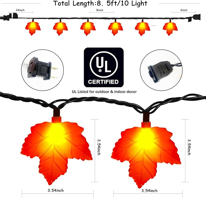 Abeja Fall Decor Maples Leaf String Lights, 8.5Ft Fall String Lights Plug in with 10 LED Orange Leaves Lights, Orange Thanksgiving Lights for Thanksgiving Decor, Indoor Outdoor Decorations