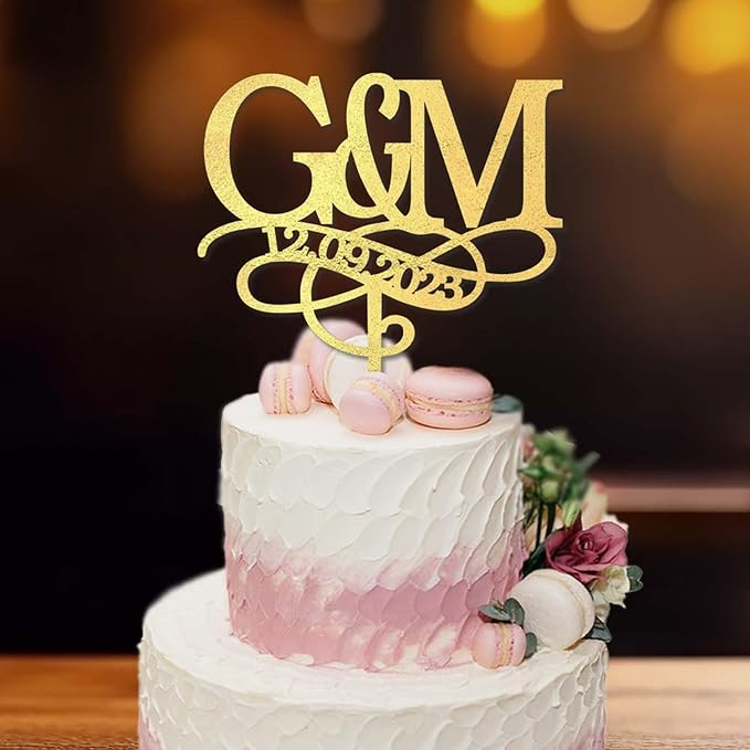 Personalised Gold Initials Wedding Cake Topper, Custom Two Initial and Date Cake Topper, Monogram Cake Topper, Made in USA, 2 Letters Engagement Cake Topper, Rustic Anniversary Party Decoration