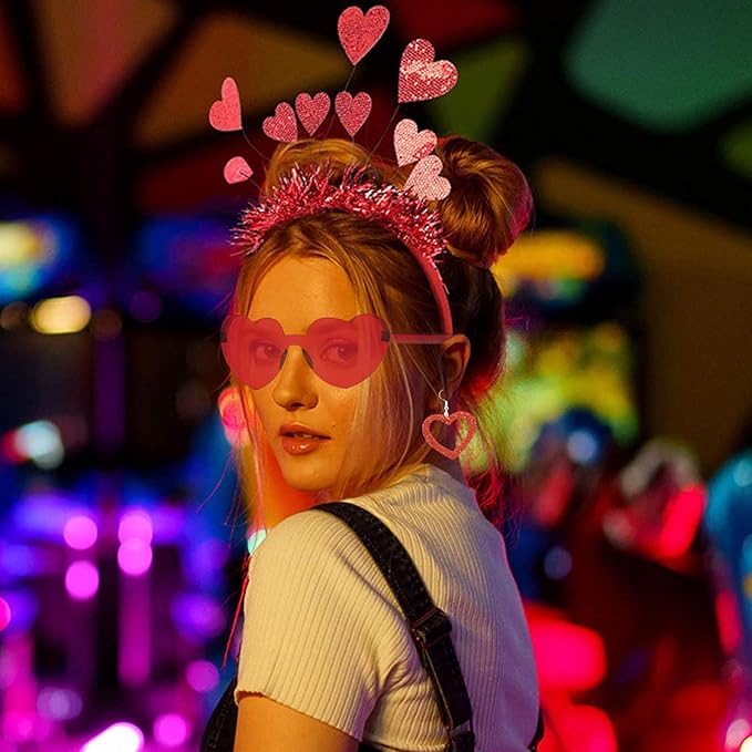 Heart Shape Headband Glitter Sunglasses Sequin Earrings Valentines Day Halloween Cosplay Costume Accessories Set